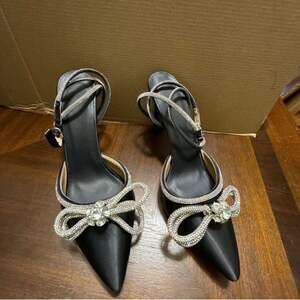 Black Satin Rhinestone Bow Ankle Strap Stiletto Heels Size 12